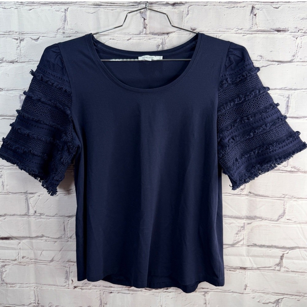 Chico's Navy Blue Top Womens 2 | Large Textured Fringe Short Sleeve Boho Office